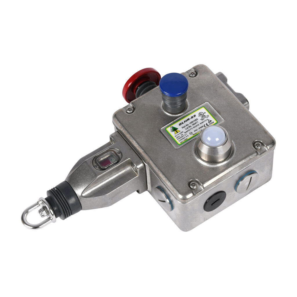 GLHR-SS-145010-BS - IDEM safety switch, cable-pull interlock, with reset, 125m maximum pull cable length, emergency stop, right hand head, (4) N.C. safety output(s), (2) N.O. monitoring output(s), 110 VAC LED, 316 stainless steel body, (4) 1/2in N...