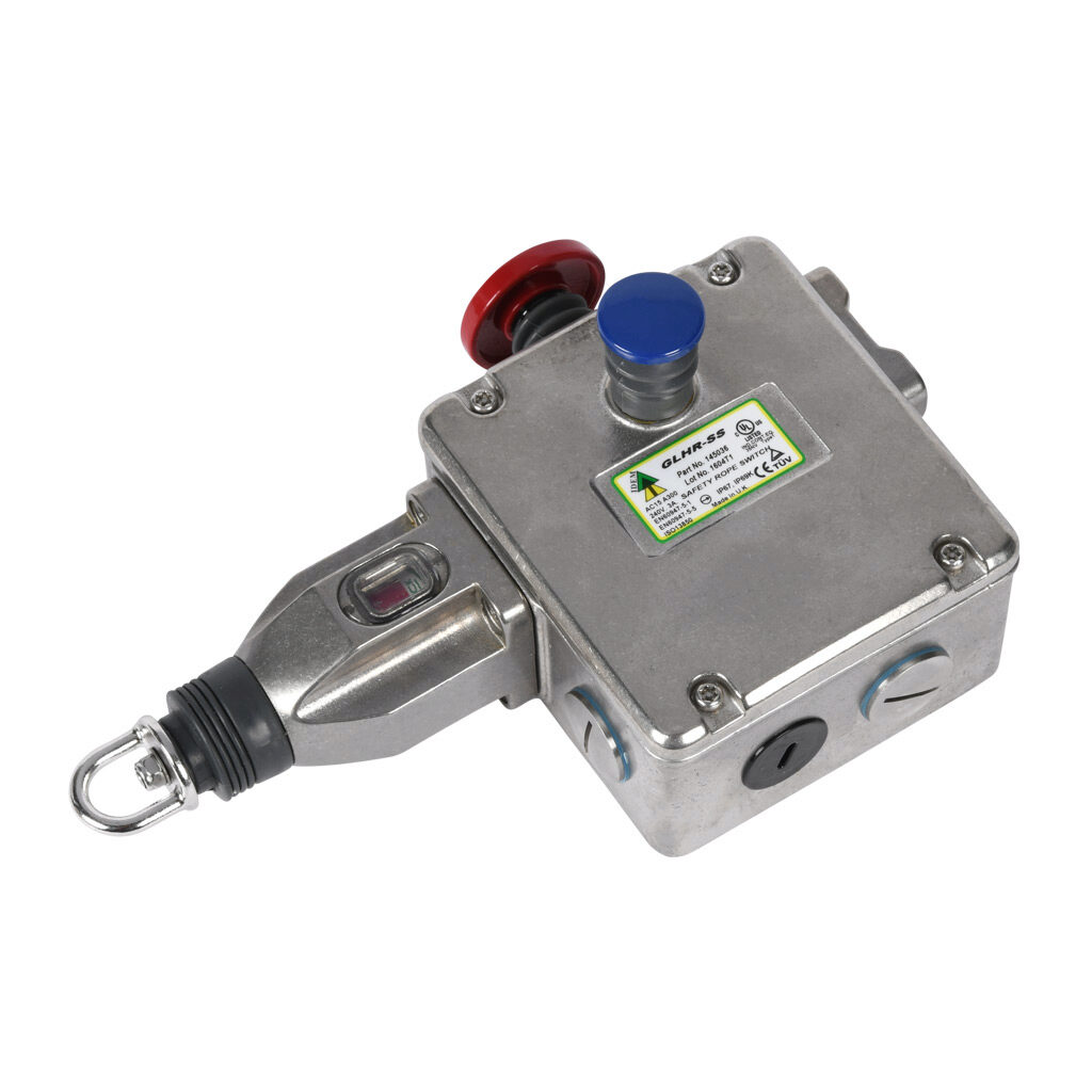 GLHR-SS-145036 - IDEM safety switch, cable-pull interlock, with reset, 125m maximum pull cable length, emergency stop, right hand head, (4) N.C. safety output(s), (2) N.O. monitoring output(s), 316 stainless steel body, (4) 1/2in NPT cable entries.