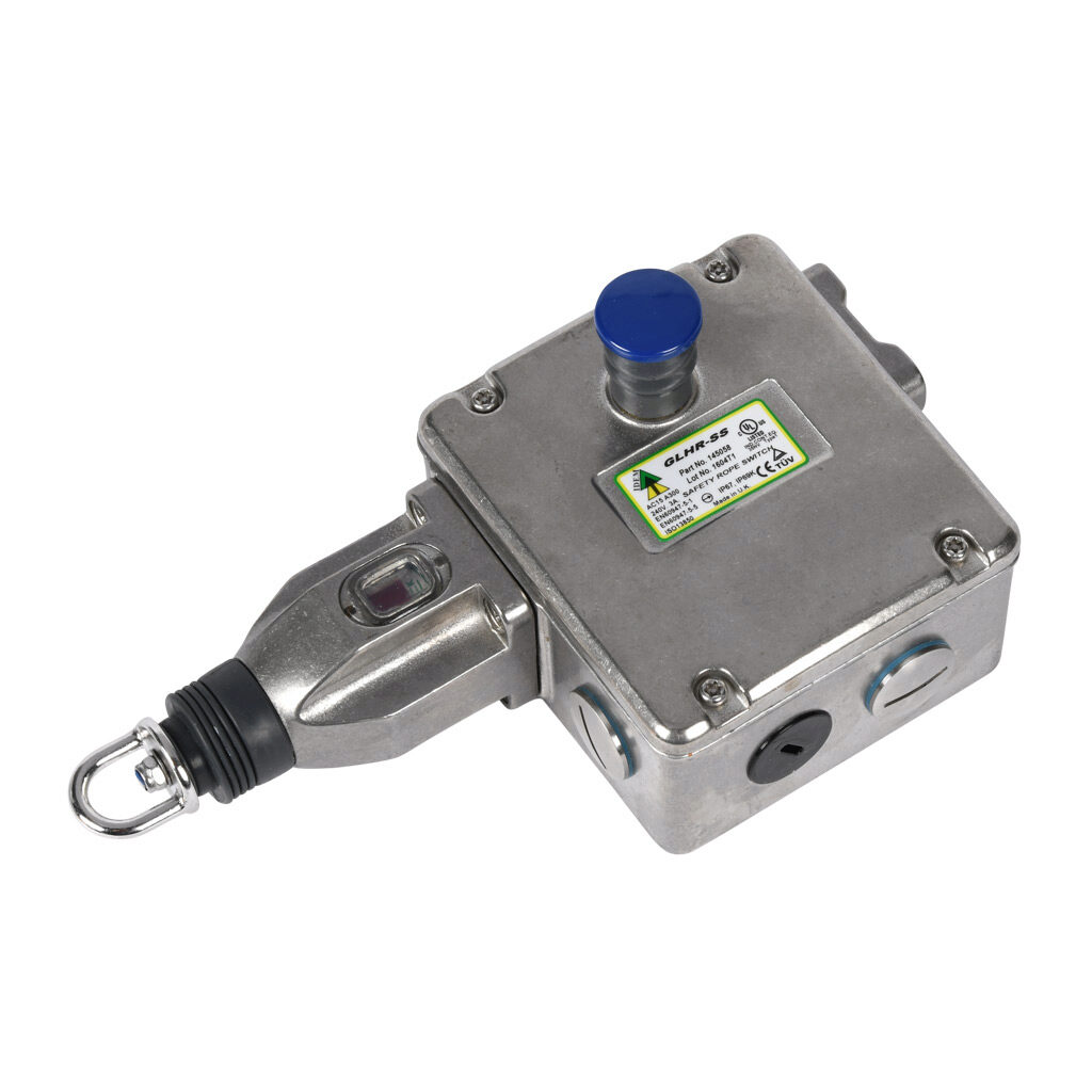 GLHR-SS-145058 - IDEM safety switch, cable-pull interlock, with reset, 125m maximum pull cable length, right hand head, (4) N.C. safety output(s), (2) N.O. monitoring output(s), 316 stainless steel body, (4) 1/2in NPT cable entries.