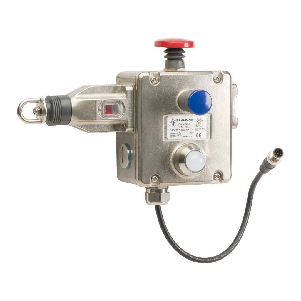 GLHR-SS-145302-Z - IDEM Z-Range safety switch, cable-pull interlock, 125m maximum pull cable length, emergency stop, right hand head, (1) pair OSSD safety output(s), (1) status monitoring output(s), dual color LED, 316 stainless steel body, 8-pin ...