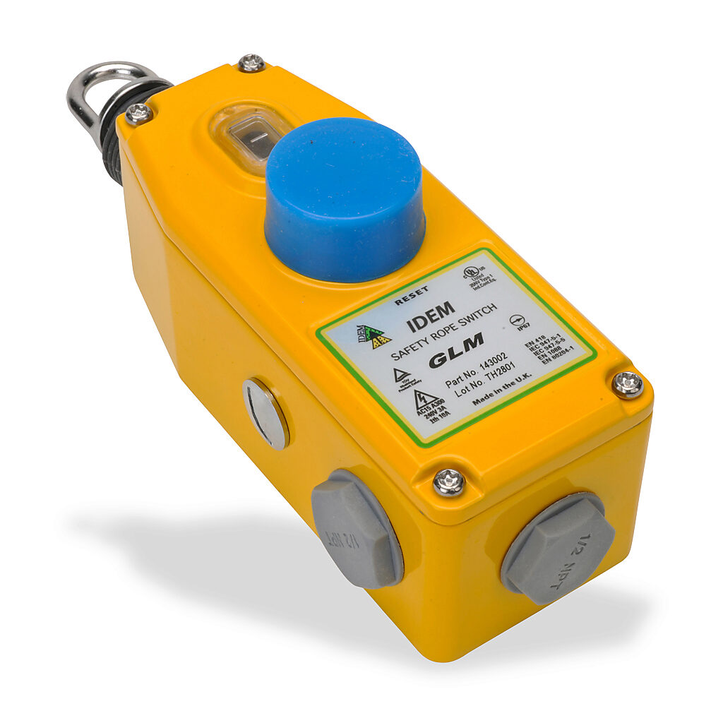 GLM-143002 - IDEM safety switch, cable-pull interlock, with reset, 50m maximum pull cable length, (2) N.C. safety output(s), (1) N.O. monitoring output(s), die-cast aluminum body, (3) 1/2in NPT cable entries.