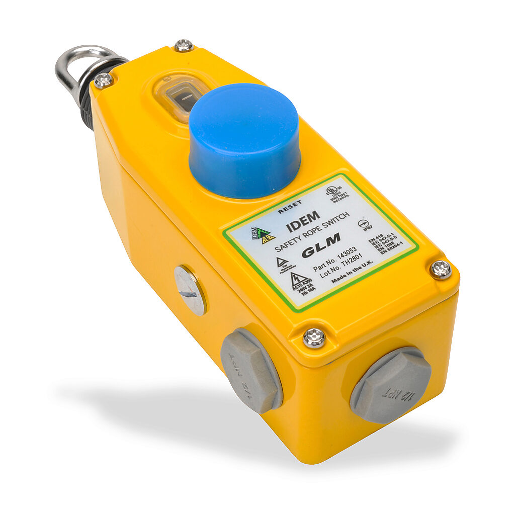 GLM-143053 - IDEM safety switch, cable-pull interlock, with reset, 50m maximum pull cable length, (2) N.C. safety output(s), (2) N.O. monitoring output(s), die-cast aluminum body, (3) 1/2in NPT cable entries.