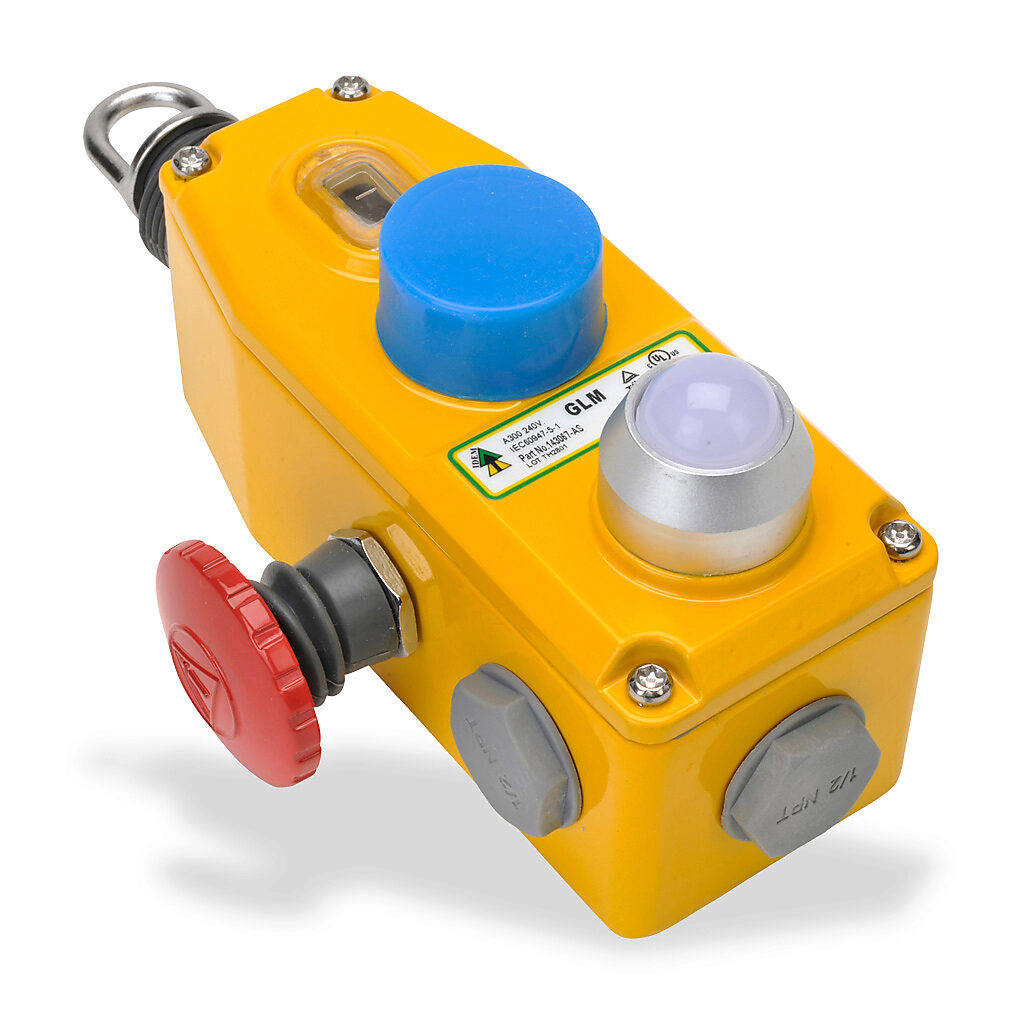 GLM-143067-AS - IDEM safety switch, cable-pull interlock, with reset, 50m maximum pull cable length, emergency stop, (3) N.C. safety output(s), (1) N.O. monitoring output(s), 24 VDC LED, die-cast aluminum body, (3) 1/2in NPT cable entries.