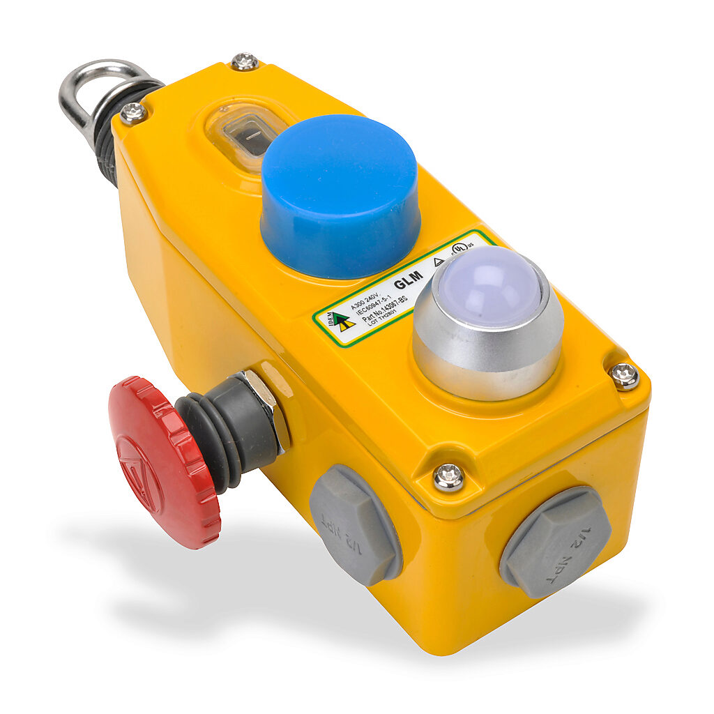 GLM-143067-BS - IDEM safety switch, cable-pull interlock, with reset, 50m maximum pull cable length, emergency stop, (3) N.C. safety output(s), (1) N.O. monitoring output(s), 110 VAC LED, die-cast aluminum body, (3) 1/2in NPT cable entries.