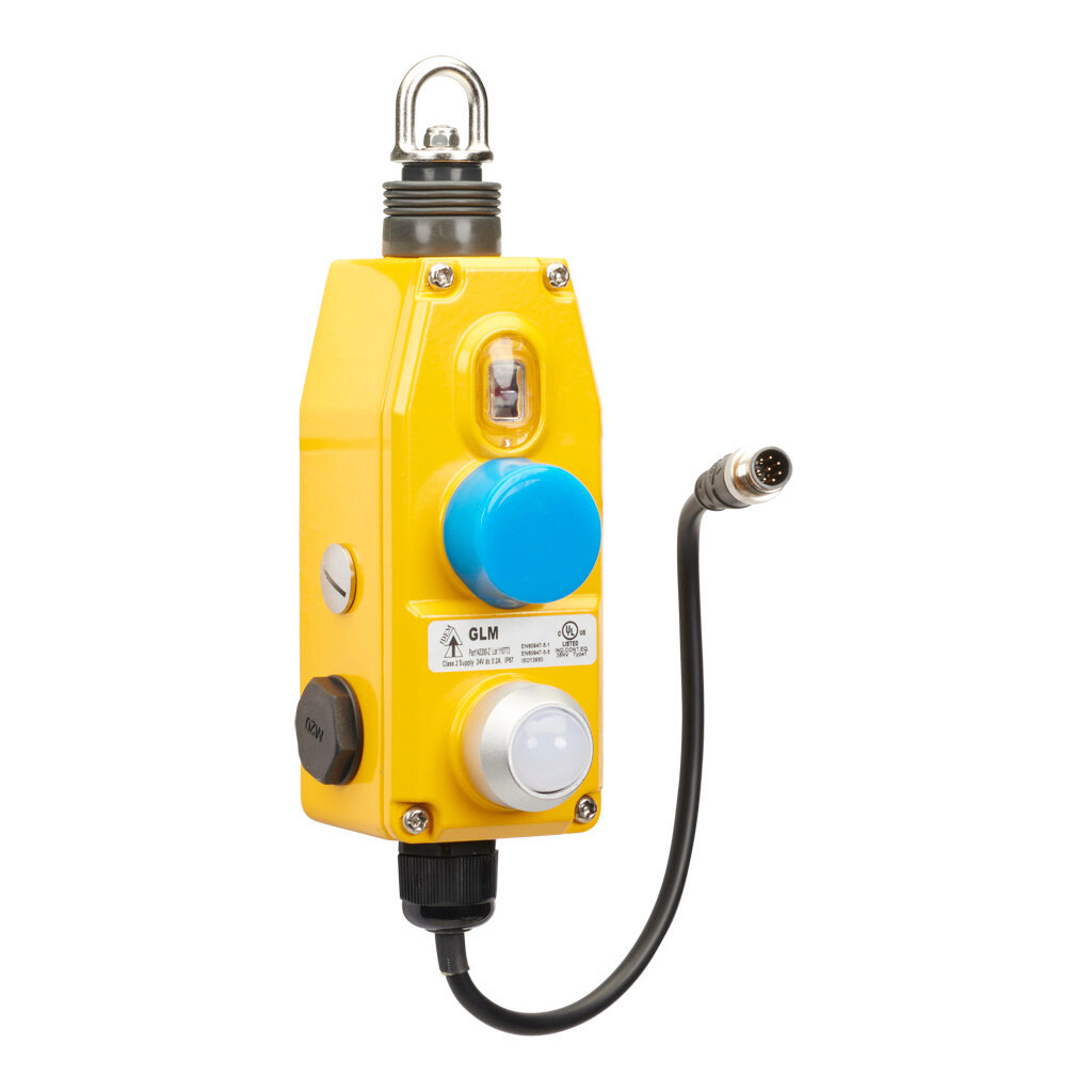 GLM-143300-Z - IDEM Z-Range safety switch, cable-pull interlock, 50m maximum pull cable length, emergency stop, (1) pair OSSD safety output(s), (1) status monitoring output(s), dual color LED, die-cast aluminum body, 8-pin M12 quick-disconnect.
