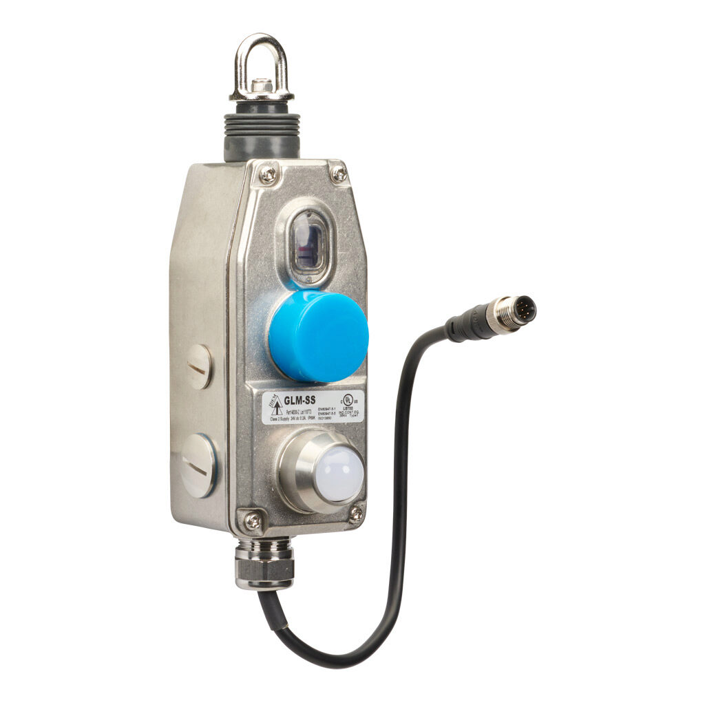 GLM-SS-148300-Z - IDEM Z-Range safety switch, cable-pull interlock, 50m maximum pull cable length, emergency stop, (1) pair OSSD safety output(s), (1) status monitoring output(s), dual color LED, 316 stainless steel body, 8-pin M12 quick-disconnect.