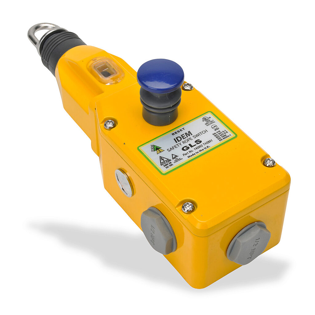 GLS-142002 - IDEM safety switch, cable-pull interlock, with reset, 80m maximum pull cable length, (2) N.C. safety output(s), (1) N.O. monitoring output(s), die-cast aluminum body, (3) 1/2in NPT cable entries.
