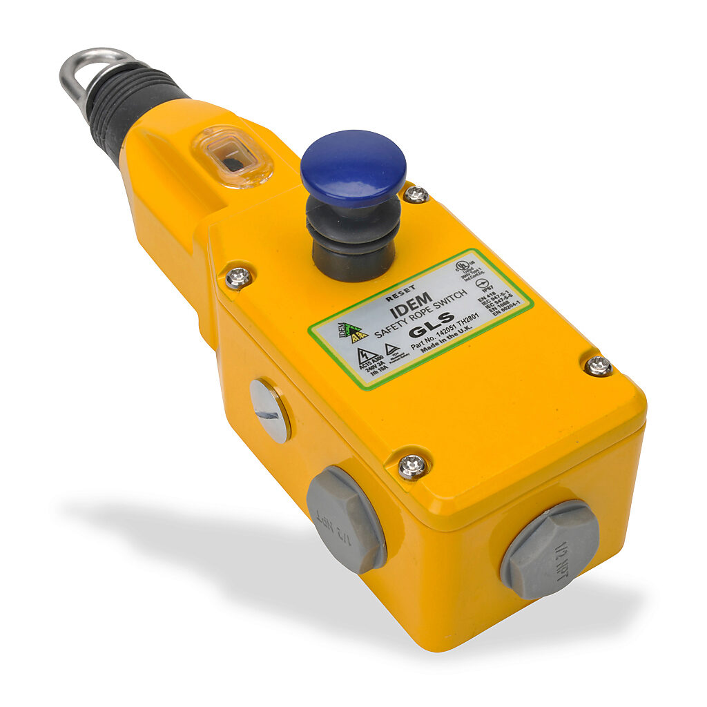 GLS-142051 - IDEM safety switch, cable-pull interlock, with reset, 80m maximum pull cable length, (3) N.C. safety output(s), (1) N.O. monitoring output(s), die-cast aluminum body, (3) 1/2in NPT cable entries.