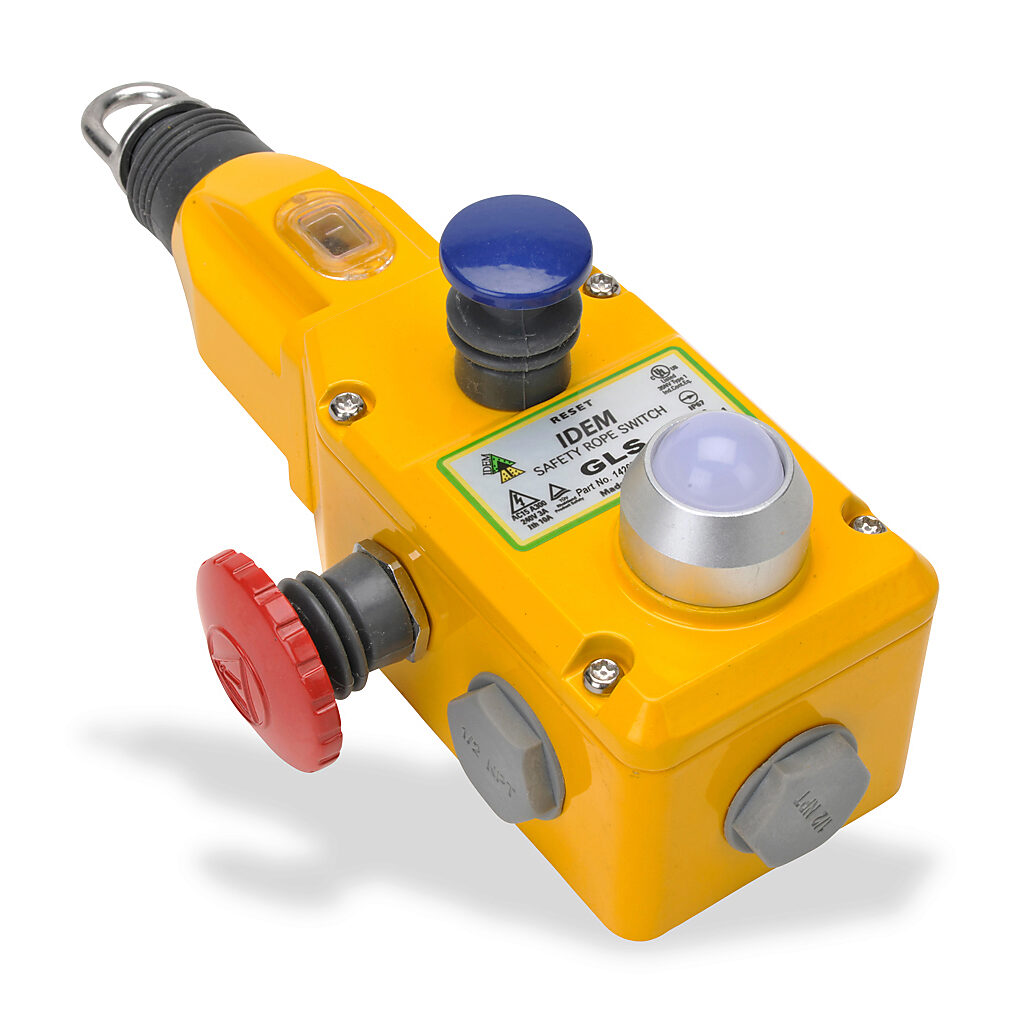 GLS-142075-BS - IDEM safety switch, cable-pull interlock, with reset, 80m maximum pull cable length, emergency stop, (3) N.C. safety output(s), (1) N.O. monitoring output(s), 110 VAC LED, die-cast aluminum body, (3) 1/2in NPT cable entries.