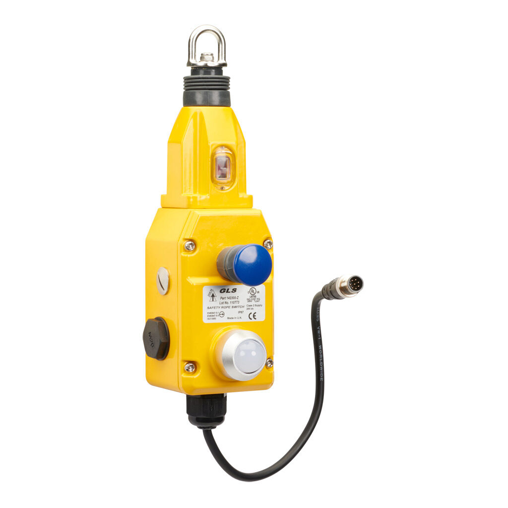 GLS-142300-Z - IDEM Z-Range safety switch, cable-pull interlock, 80m maximum pull cable length, emergency stop, (1) pair OSSD safety output(s), (1) status monitoring output(s), dual color LED, die-cast aluminum body, 8-pin M12 quick-disconnect.
