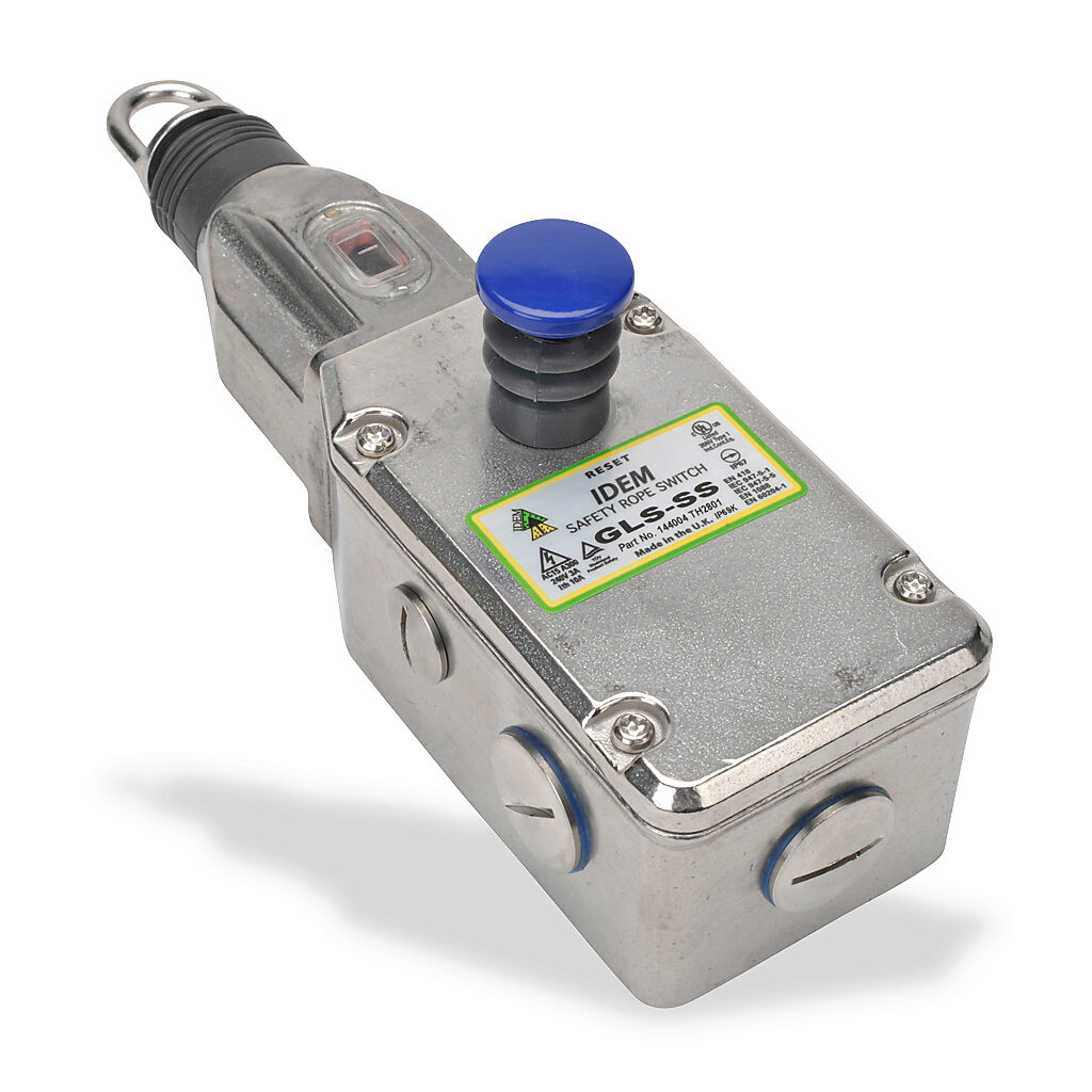 GLS-SS-144004 - IDEM safety switch, cable-pull interlock, with reset, 100m maximum pull cable length, (2) N.C. safety output(s), (2) N.O. monitoring output(s), 316 stainless steel body, (3) 1/2in NPT cable entries.