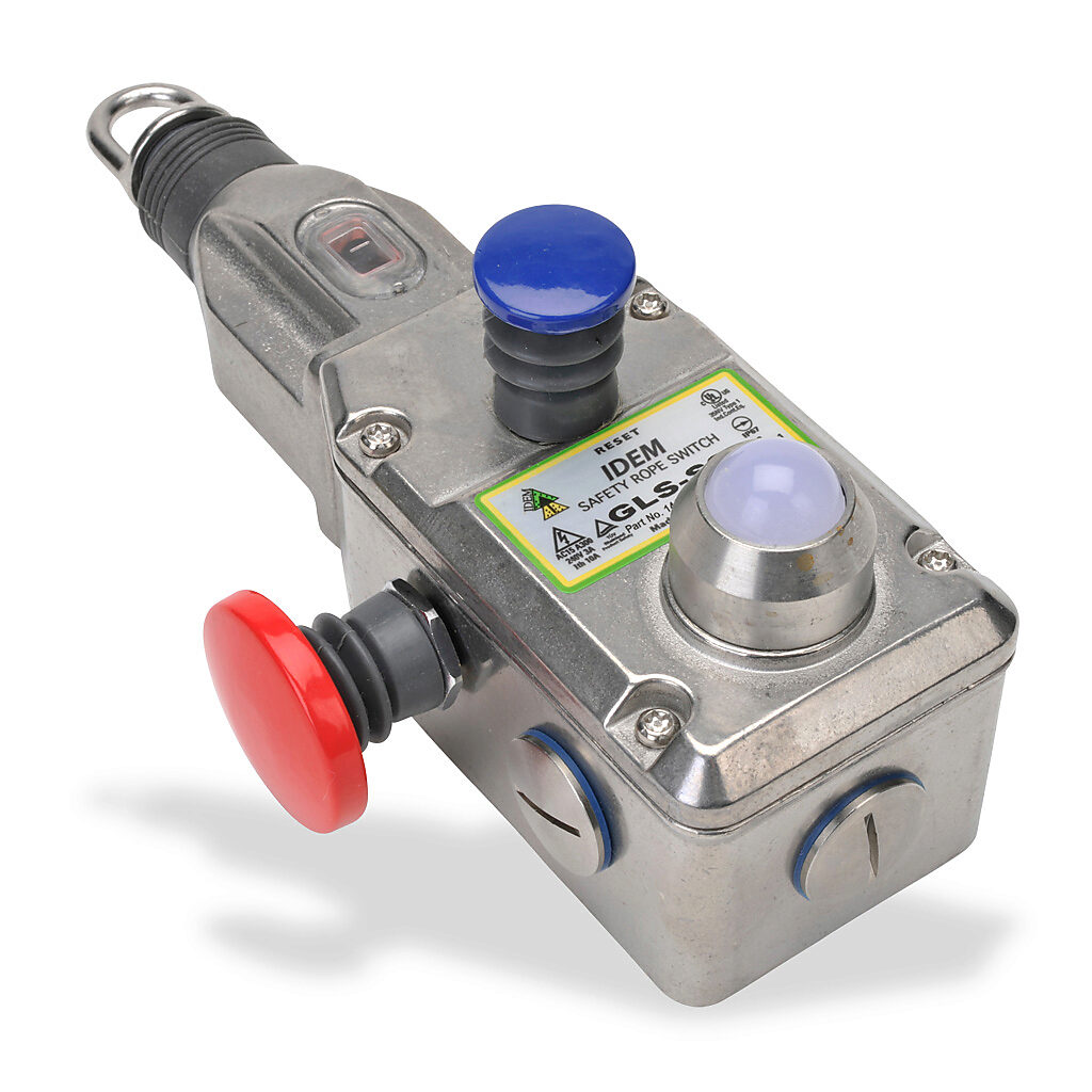 GLS-SS-144020-AS - IDEM safety switch, cable-pull interlock, with reset, 100m maximum pull cable length, emergency stop, (3) N.C. safety output(s), (1) N.O. monitoring output(s), 24 VDC LED, 316 stainless steel body, (3) 1/2in NPT cable entries.