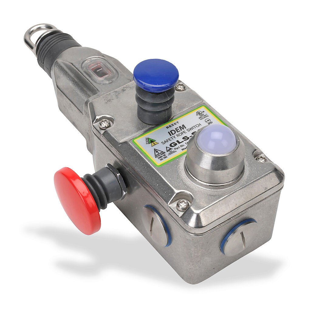 GLS-SS-144020-BS - IDEM safety switch, cable-pull interlock, with reset, 100m maximum pull cable length, emergency stop, (3) N.C. safety output(s), (1) N.O. monitoring output(s), 110 VAC LED, 316 stainless steel body, (3) 1/2in NPT cable entries.