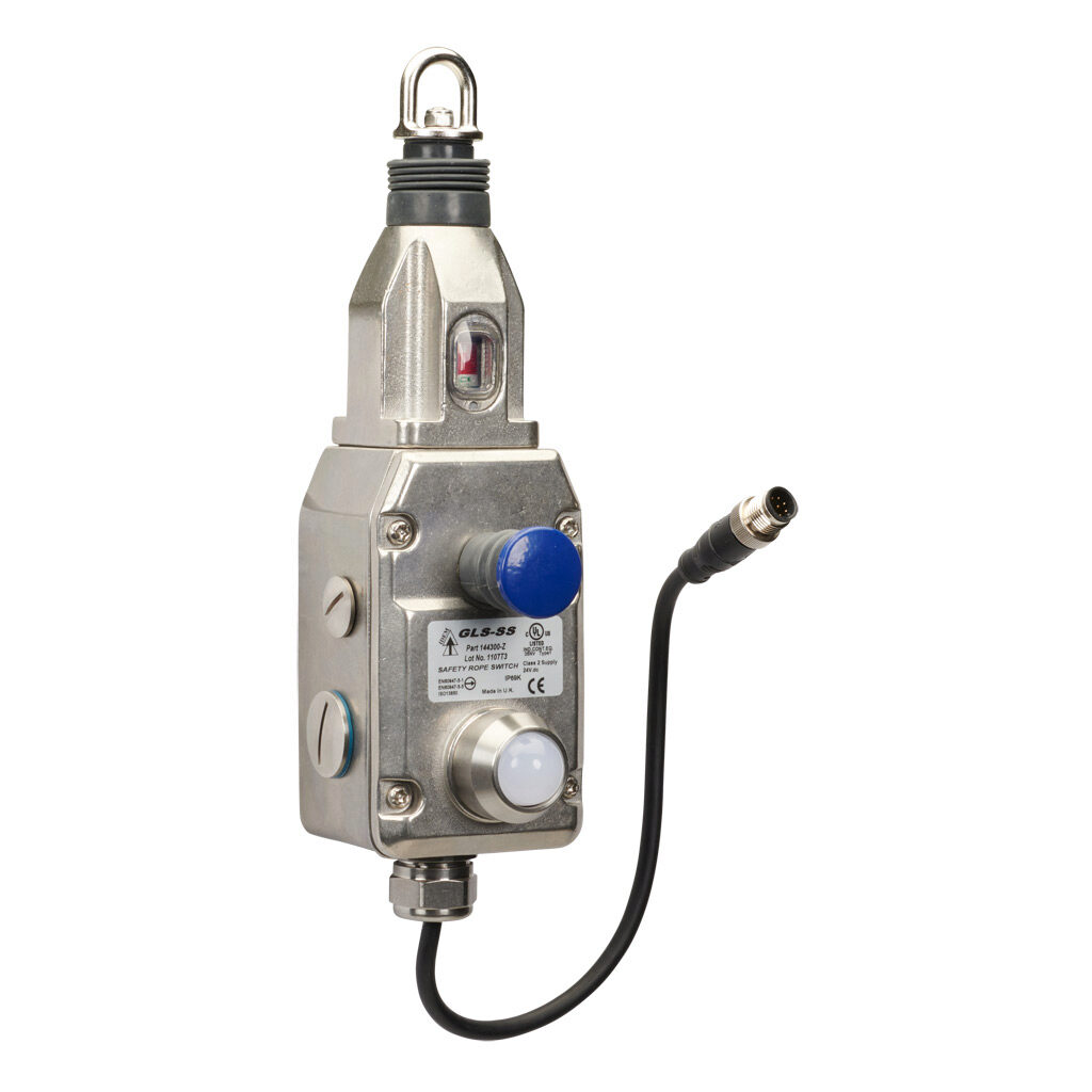 GLS-SS-144300-Z - IDEM Z-Range safety switch, cable-pull interlock, 100m maximum pull cable length, emergency stop, (1) pair OSSD safety output(s), (1) status monitoring output(s), dual color LED, 316 stainless steel body, 8-pin M12 quick-disconnect.
