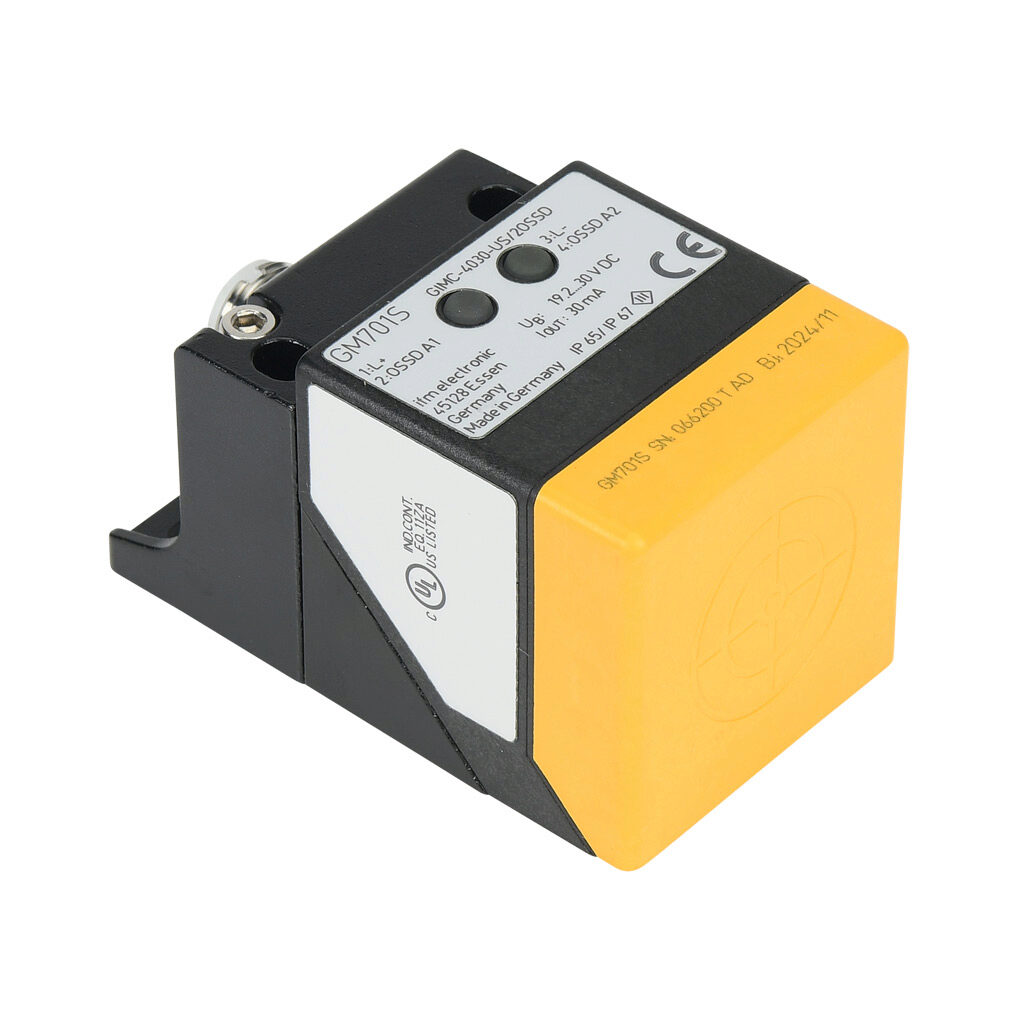 GM701S - ifm efector inductive proximity sensor, rectangular, 40 x 40 x 66mm body, die-cast zinc housing, PNP, (1) pair OSSD, 10-15mm enable zone, non-flush, IP65 IP67, 4-pin M12 quick-disconnect.
