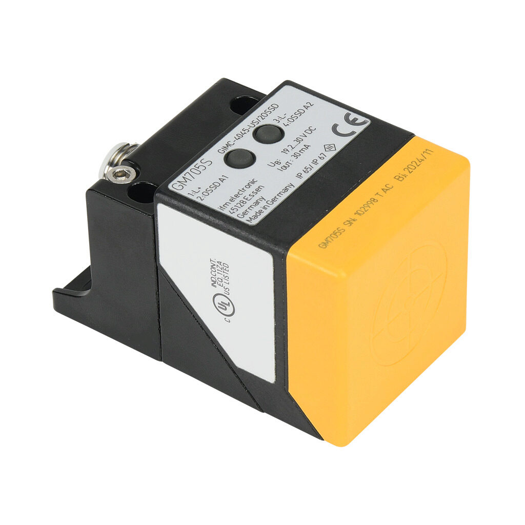 GM705S - ifm efector inductive proximity sensor, rectangular, 40 x 40 x 66mm body, die-cast zinc housing, PNP, (1) pair OSSD, 4-20mm enable zone, non-flush, IP65 IP67, 4-pin M12 quick-disconnect.