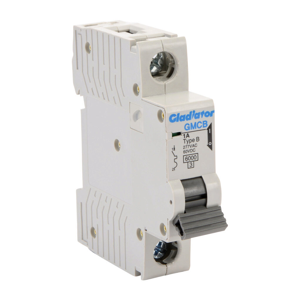 GMCB-1B-1 - Gladiator miniature supplementary protector, 1A, 277 VAC/60 VDC, 1-pole, B curve, thermal magnetic, 6kA @ 277 VAC interrupting rating, 35mm DIN rail mount.