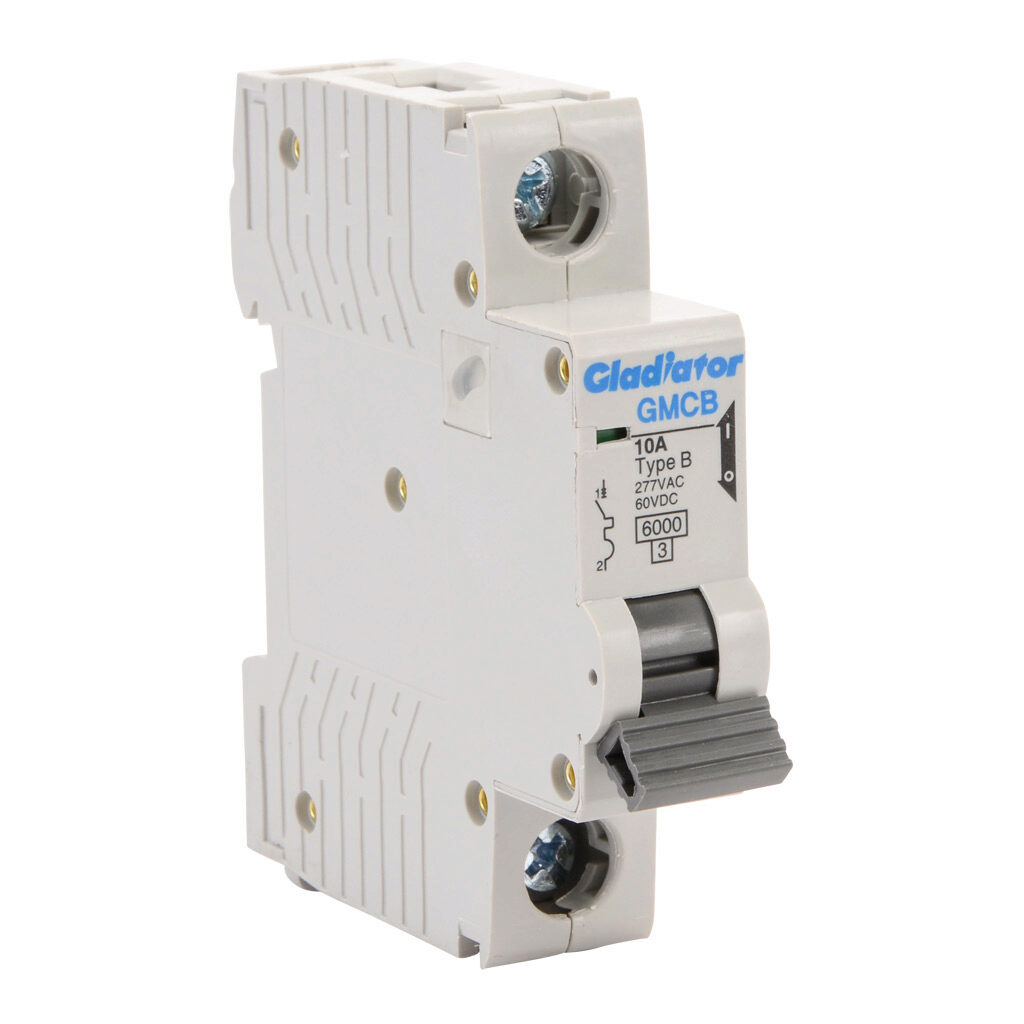 GMCB-1B-10 - Gladiator miniature supplementary protector, 10A, 277 VAC/60 VDC, 1-pole, B curve, thermal magnetic, 6kA @ 277 VAC interrupting rating, 35mm DIN rail mount.