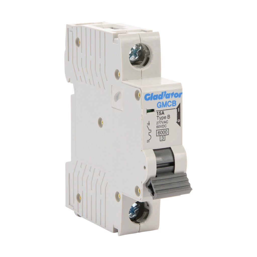 GMCB-1B-15 - Gladiator miniature supplementary protector, 15A, 277 VAC/60 VDC, 1-pole, B curve, thermal magnetic, 6kA @ 277 VAC interrupting rating, 35mm DIN rail mount.