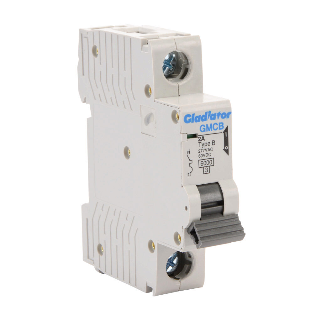 GMCB-1B-2 - Gladiator miniature supplementary protector, 2A, 277 VAC/60 VDC, 1-pole, B curve, thermal magnetic, 6kA @ 277 VAC interrupting rating, 35mm DIN rail mount.