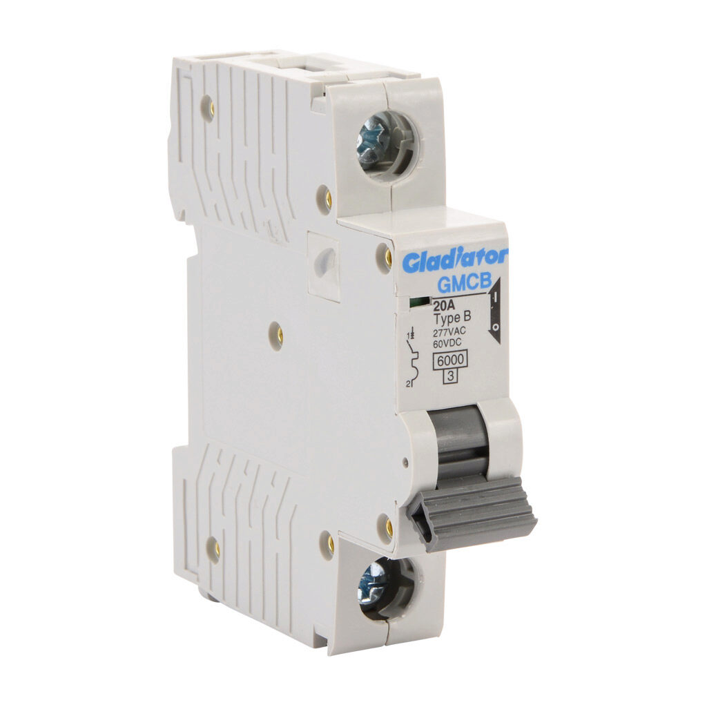 GMCB-1B-20 - Gladiator miniature supplementary protector, 20A, 277 VAC/60 VDC, 1-pole, B curve, thermal magnetic, 6kA @ 277 VAC interrupting rating, 35mm DIN rail mount.