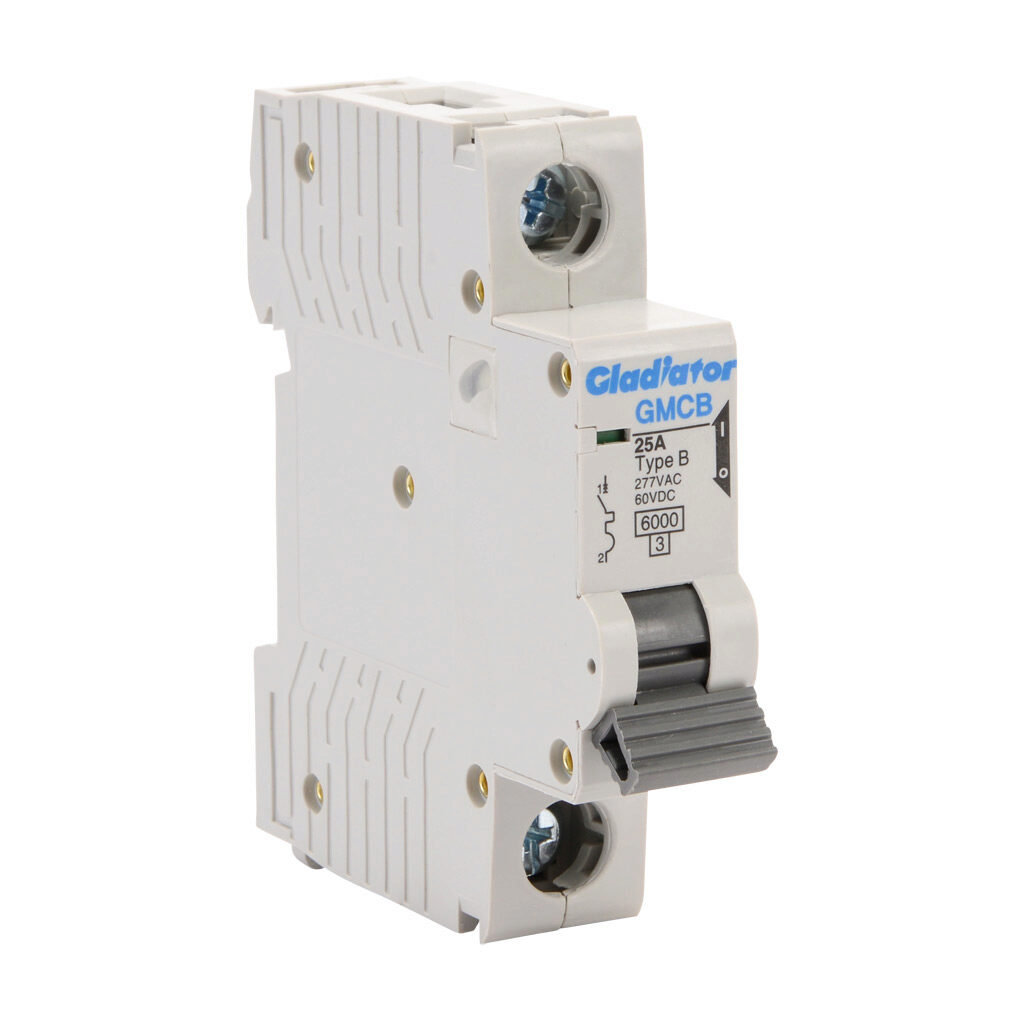 GMCB-1B-25 - Gladiator miniature supplementary protector, 25A, 277 VAC/60 VDC, 1-pole, B curve, thermal magnetic, 6kA @ 277 VAC interrupting rating, 35mm DIN rail mount.