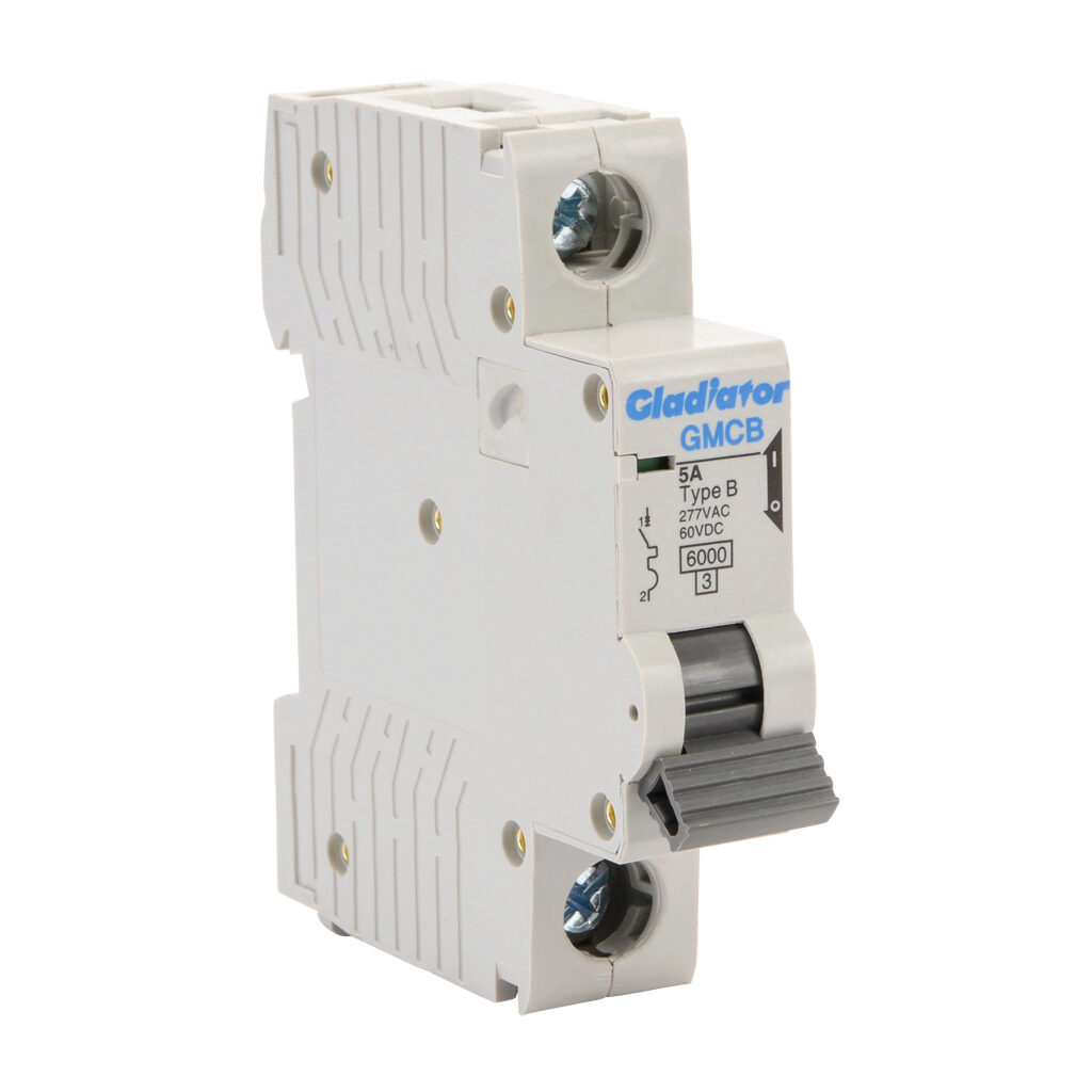 GMCB-1B-5 - Gladiator miniature supplementary protector, 5A, 277 VAC/60 VDC, 1-pole, B curve, thermal magnetic, 6kA @ 277 VAC interrupting rating, 35mm DIN rail mount.