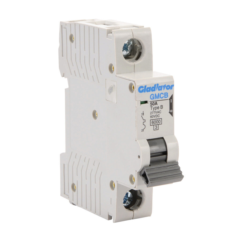 GMCB-1B-50 - Gladiator miniature supplementary protector, 50A, 277 VAC/60 VDC, 1-pole, B curve, thermal magnetic, 6kA @ 277 VAC interrupting rating, 35mm DIN rail mount.