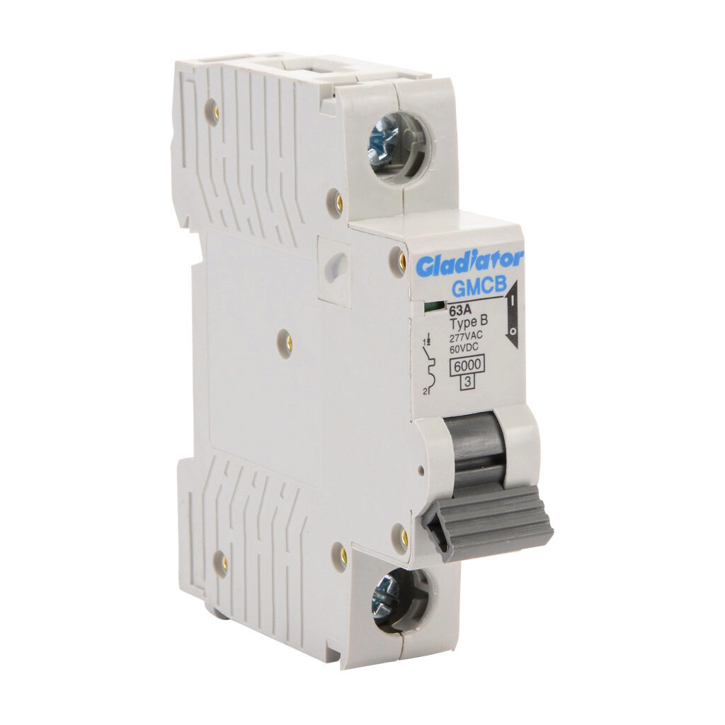 GMCB-1B-63 - Gladiator miniature supplementary protector, 63A, 277 VAC/60 VDC, 1-pole, B curve, thermal magnetic, 6kA @ 277 VAC interrupting rating, 35mm DIN rail mount.