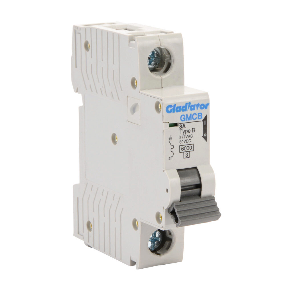 GMCB-1B-8 - Gladiator miniature supplementary protector, 8A, 277 VAC/60 VDC, 1-pole, B curve, thermal magnetic, 6kA @ 277 VAC interrupting rating, 35mm DIN rail mount.