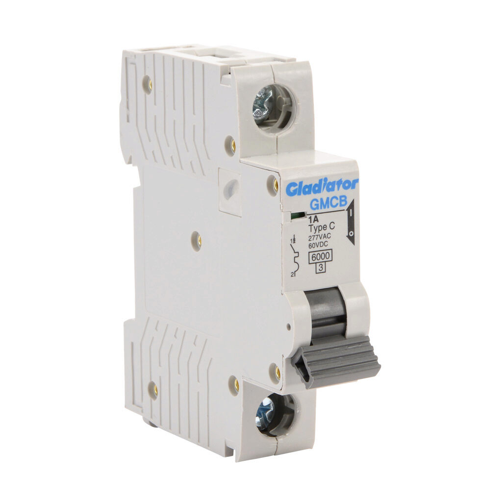 GMCB-1C-1 - Gladiator miniature supplementary protector, 1A, 277 VAC/60 VDC, 1-pole, C curve, thermal magnetic, 6kA @ 277 VAC interrupting rating, 35mm DIN rail mount.