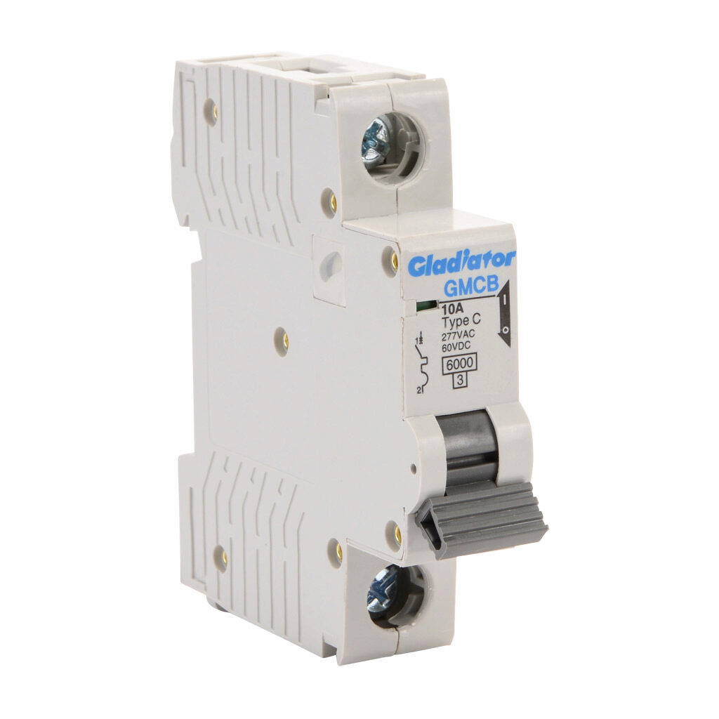 GMCB-1C-10 - Gladiator miniature supplementary protector, 10A, 277 VAC/60 VDC, 1-pole, C curve, thermal magnetic, 6kA @ 277 VAC interrupting rating, 35mm DIN rail mount.