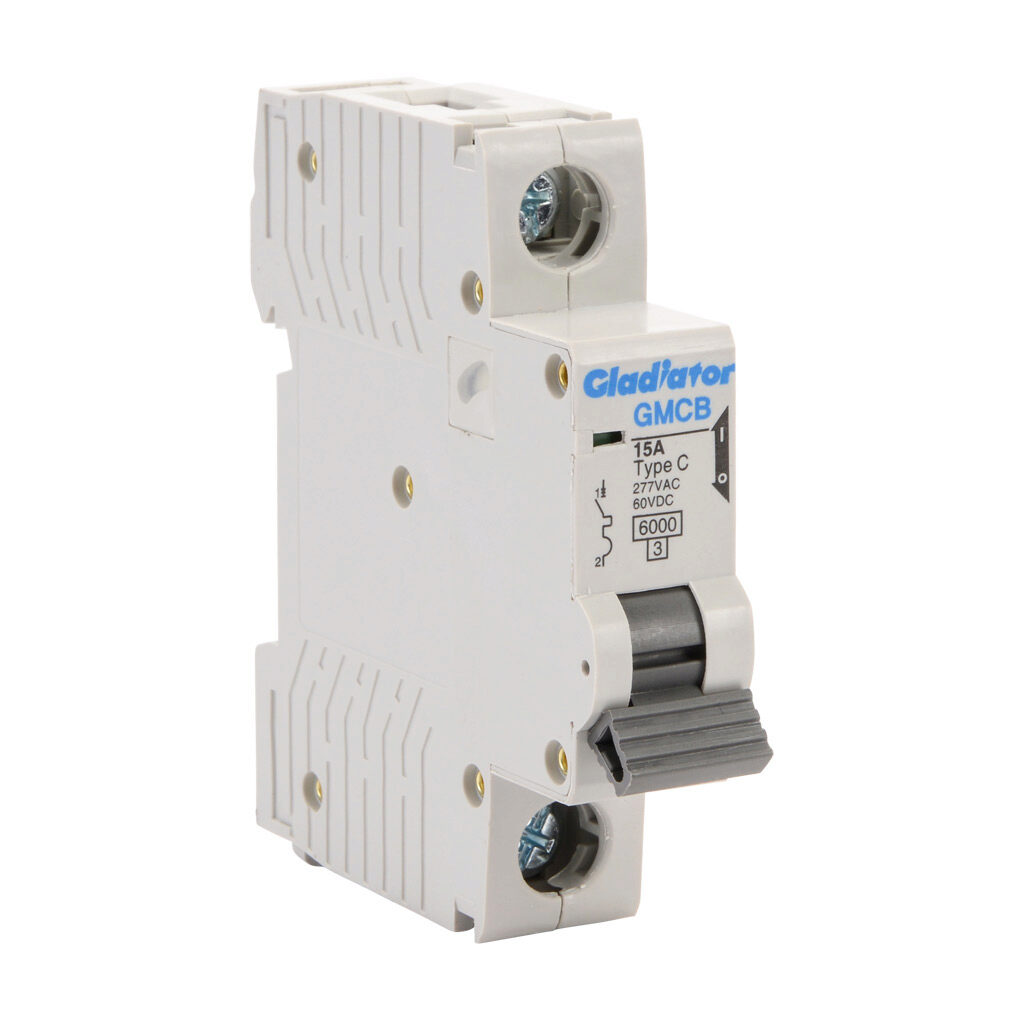 GMCB-1C-15 - Gladiator miniature supplementary protector, 15A, 277 VAC/60 VDC, 1-pole, C curve, thermal magnetic, 6kA @ 277 VAC interrupting rating, 35mm DIN rail mount.