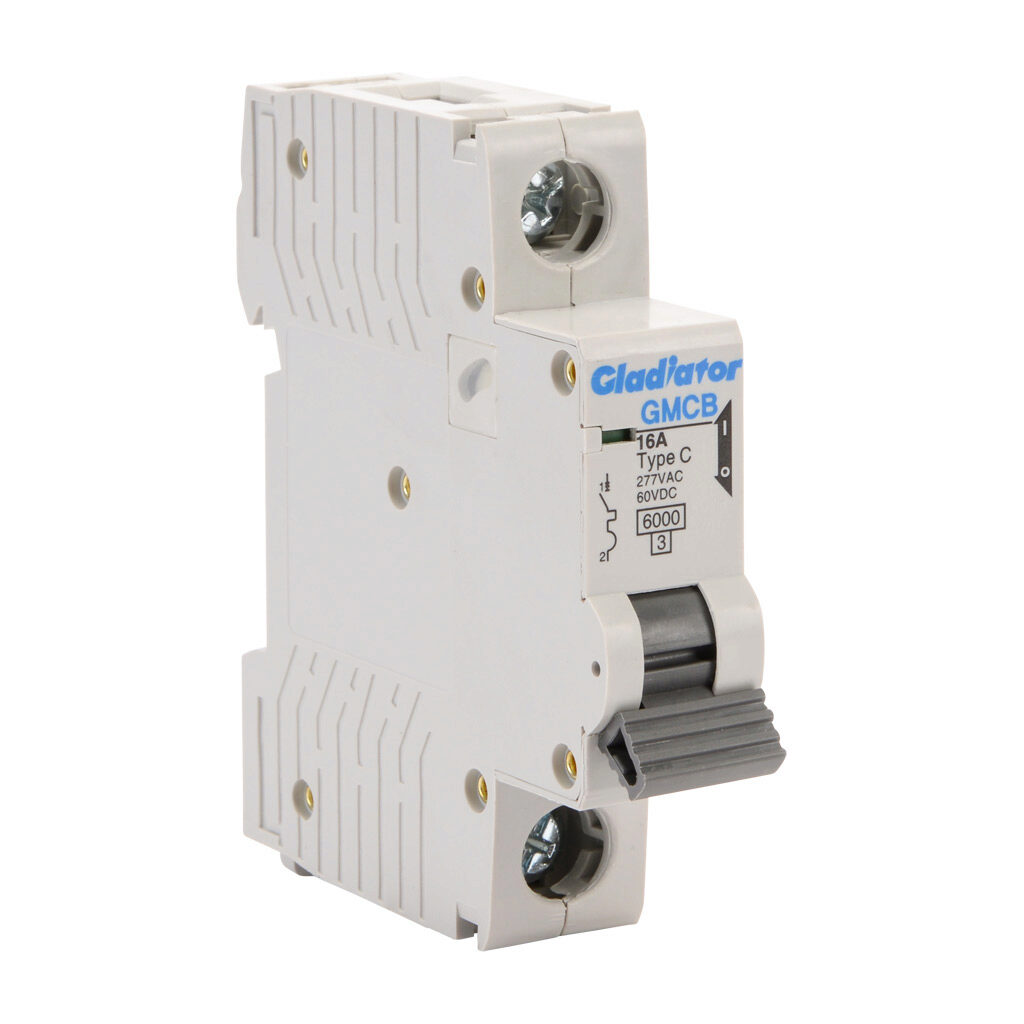 GMCB-1C-16 - Gladiator miniature supplementary protector, 16A, 277 VAC/60 VDC, 1-pole, C curve, thermal magnetic, 6kA @ 277 VAC interrupting rating, 35mm DIN rail mount.
