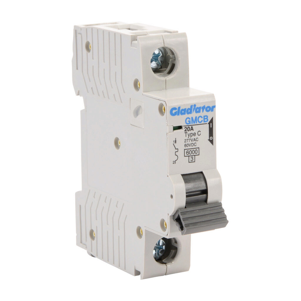 GMCB-1C-20 - Gladiator miniature supplementary protector, 20A, 277 VAC/60 VDC, 1-pole, C curve, thermal magnetic, 6kA @ 277 VAC interrupting rating, 35mm DIN rail mount.