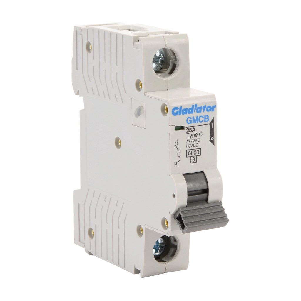 GMCB-1C-25 - Gladiator miniature supplementary protector, 25A, 277 VAC/60 VDC, 1-pole, C curve, thermal magnetic, 6kA @ 277 VAC interrupting rating, 35mm DIN rail mount.
