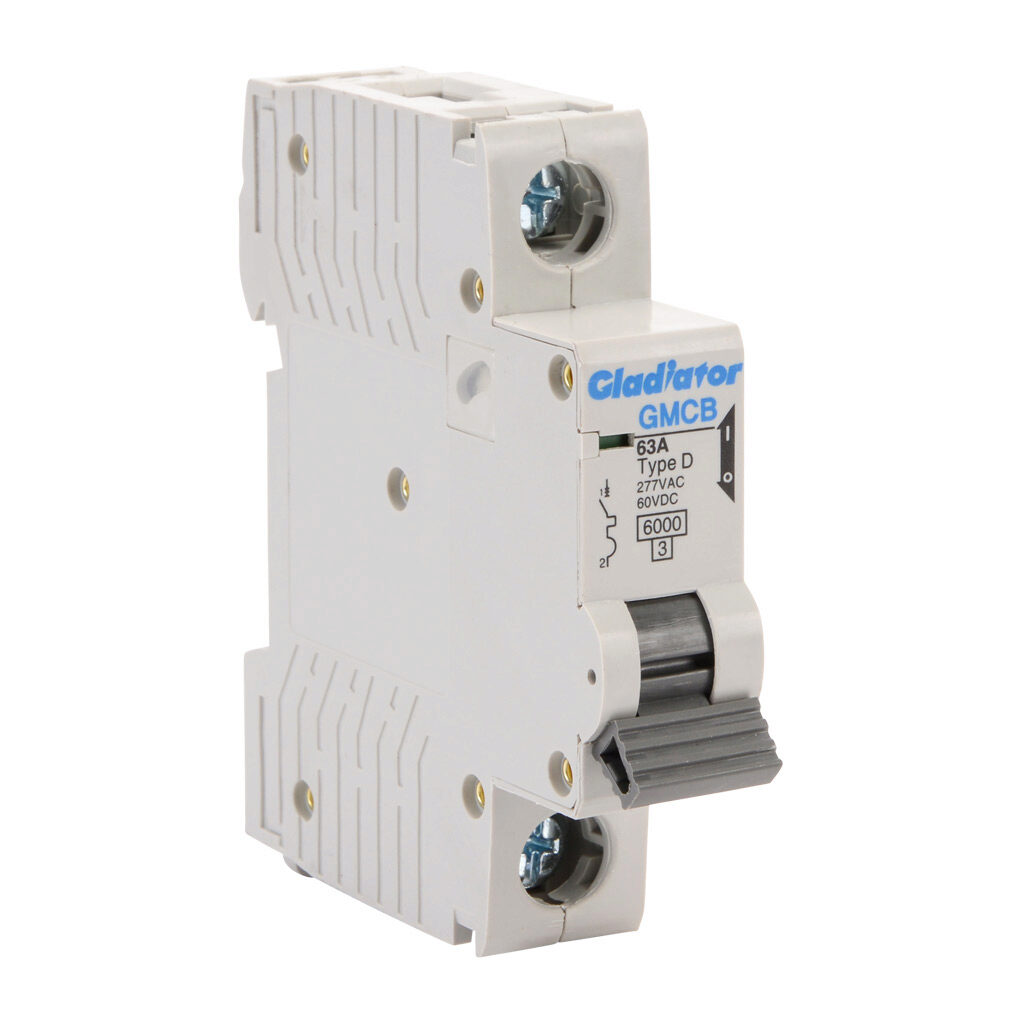 GMCB-1D-63 - Gladiator miniature supplementary protector, 63A, 277 VAC/60 VDC, 1-pole, D curve, thermal magnetic, 6kA @ 277 VAC interrupting rating, 35mm DIN rail mount.