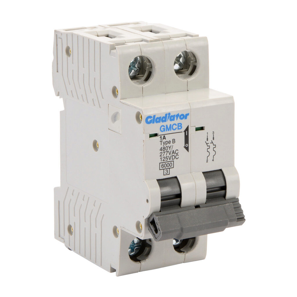 GMCB-2B-1 - Gladiator miniature supplementary protector, 1A, 480Y/277 VAC/125 VDC, 2-pole, B curve, thermal magnetic, 6kA @ 480Y/277 VAC interrupting rating, 35mm DIN rail mount.