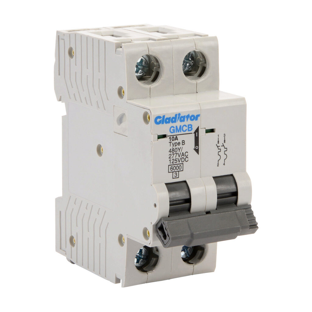 GMCB-2B-10 - Gladiator miniature supplementary protector, 10A, 480Y/277 VAC/125 VDC, 2-pole, B curve, thermal magnetic, 6kA @ 480Y/277 VAC interrupting rating, 35mm DIN rail mount.