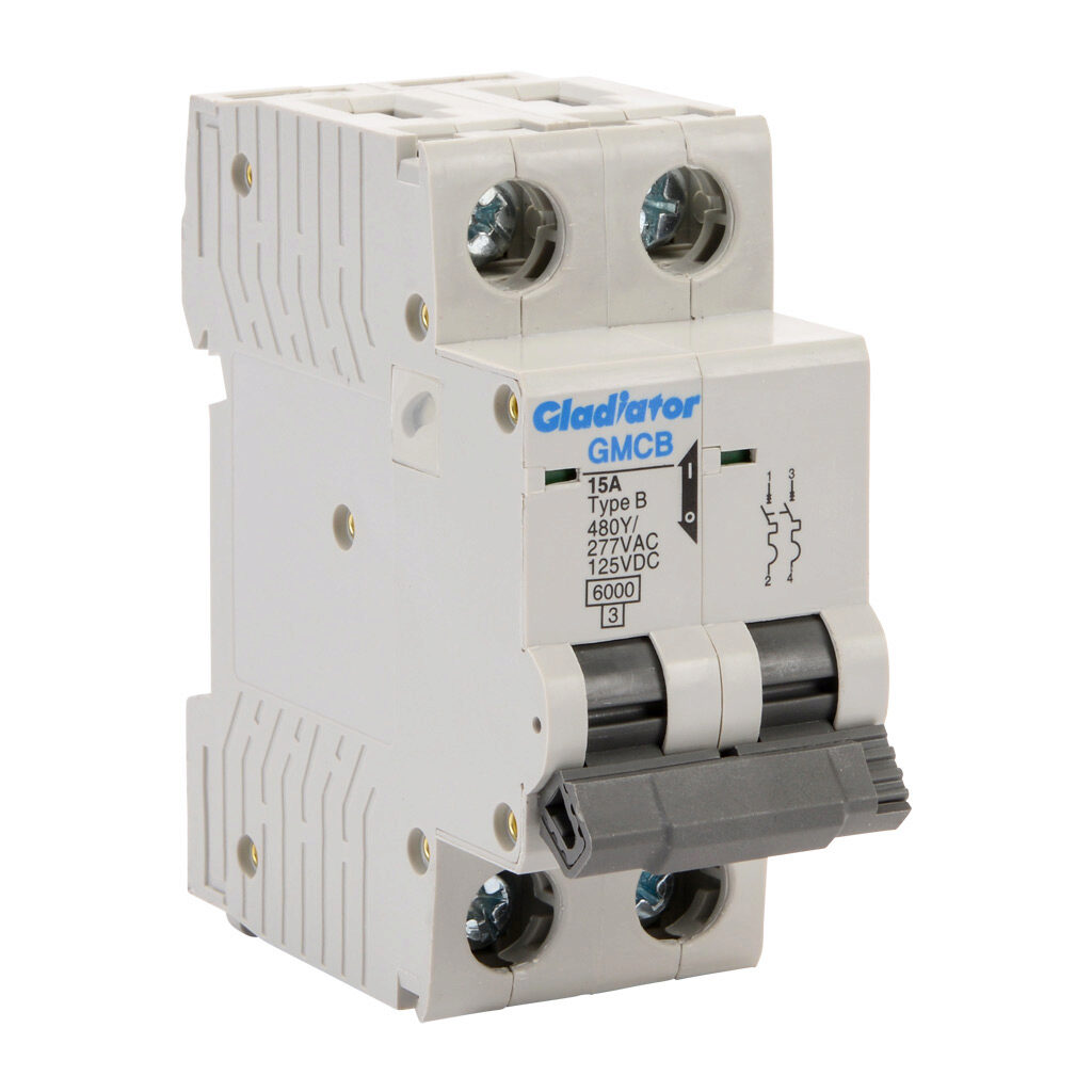 GMCB-2B-15 - Gladiator miniature supplementary protector, 15A, 480Y/277 VAC/125 VDC, 2-pole, B curve, thermal magnetic, 6kA @ 480Y/277 VAC interrupting rating, 35mm DIN rail mount.