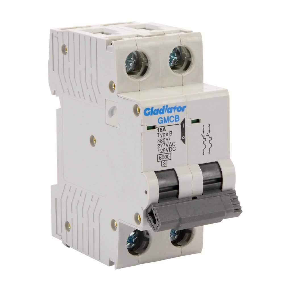 GMCB-2B-16 - Gladiator miniature supplementary protector, 16A, 480Y/277 VAC/125 VDC, 2-pole, B curve, thermal magnetic, 6kA @ 480Y/277 VAC interrupting rating, 35mm DIN rail mount.