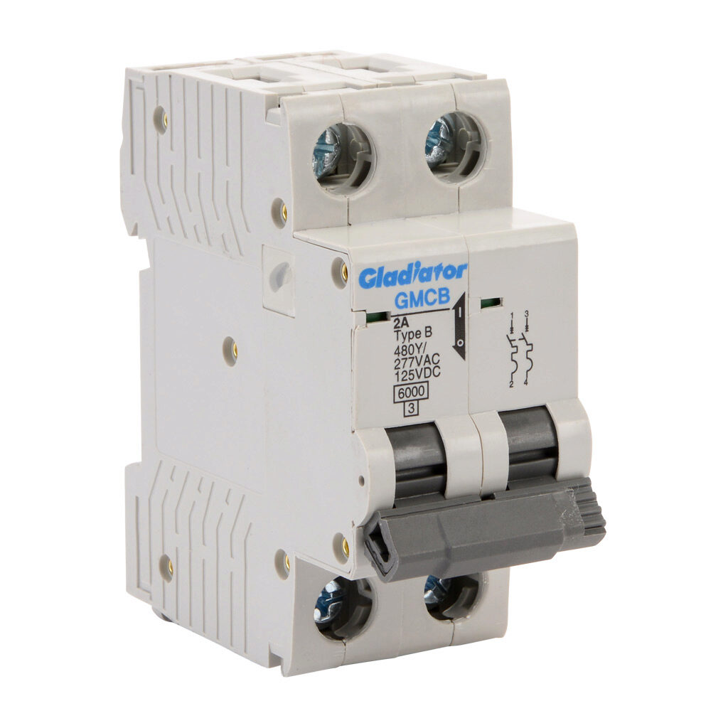 GMCB-2B-2 - Gladiator miniature supplementary protector, 2A, 480Y/277 VAC/125 VDC, 2-pole, B curve, thermal magnetic, 6kA @ 480Y/277 VAC interrupting rating, 35mm DIN rail mount.