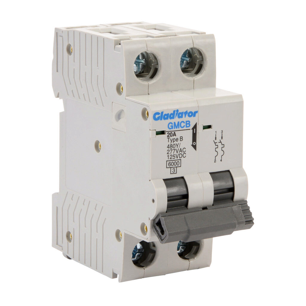 GMCB-2B-20 - Gladiator miniature supplementary protector, 20A, 480Y/277 VAC/125 VDC, 2-pole, B curve, thermal magnetic, 6kA @ 480Y/277 VAC interrupting rating, 35mm DIN rail mount.