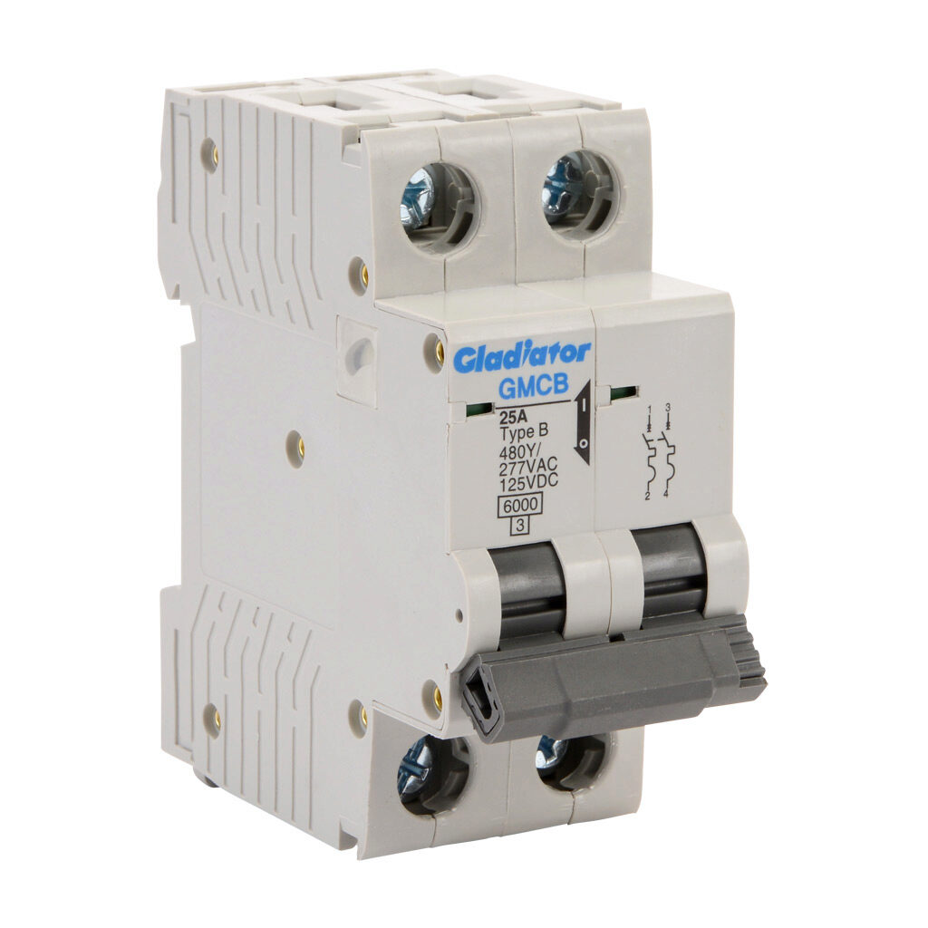 GMCB-2B-25 - Gladiator miniature supplementary protector, 25A, 480Y/277 VAC/125 VDC, 2-pole, B curve, thermal magnetic, 6kA @ 480Y/277 VAC interrupting rating, 35mm DIN rail mount.