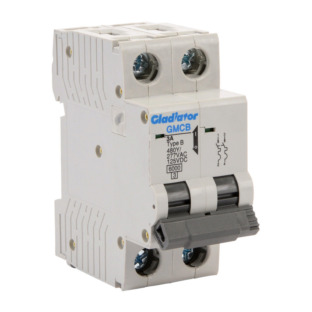 GMCB-2B-3 - Gladiator miniature supplementary protector, 3A, 480Y/277 VAC/125 VDC, 2-pole, B curve, thermal magnetic, 6kA @ 480Y/277 VAC interrupting rating, 35mm DIN rail mount.