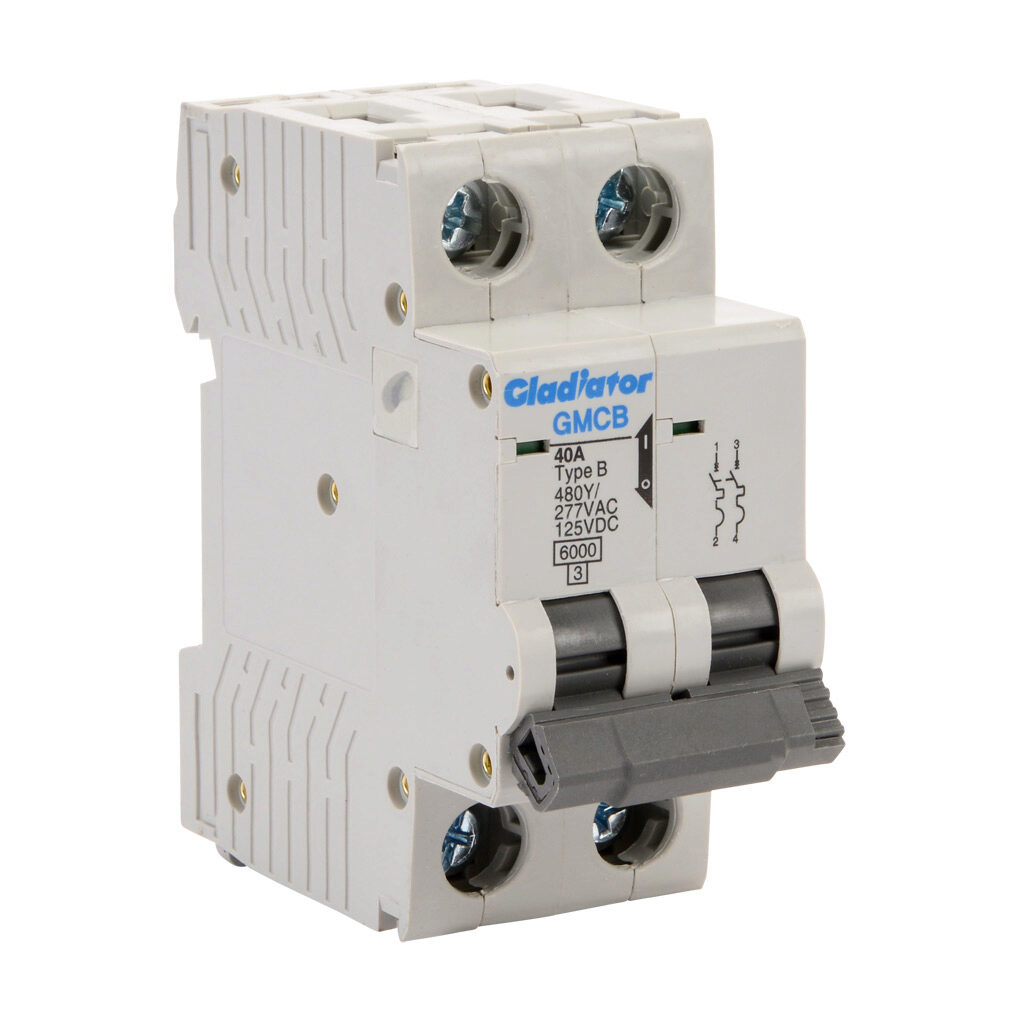 GMCB-2B-40 - Gladiator miniature supplementary protector, 40A, 480Y/277 VAC/125 VDC, 2-pole, B curve, thermal magnetic, 6kA @ 480Y/277 VAC interrupting rating, 35mm DIN rail mount.