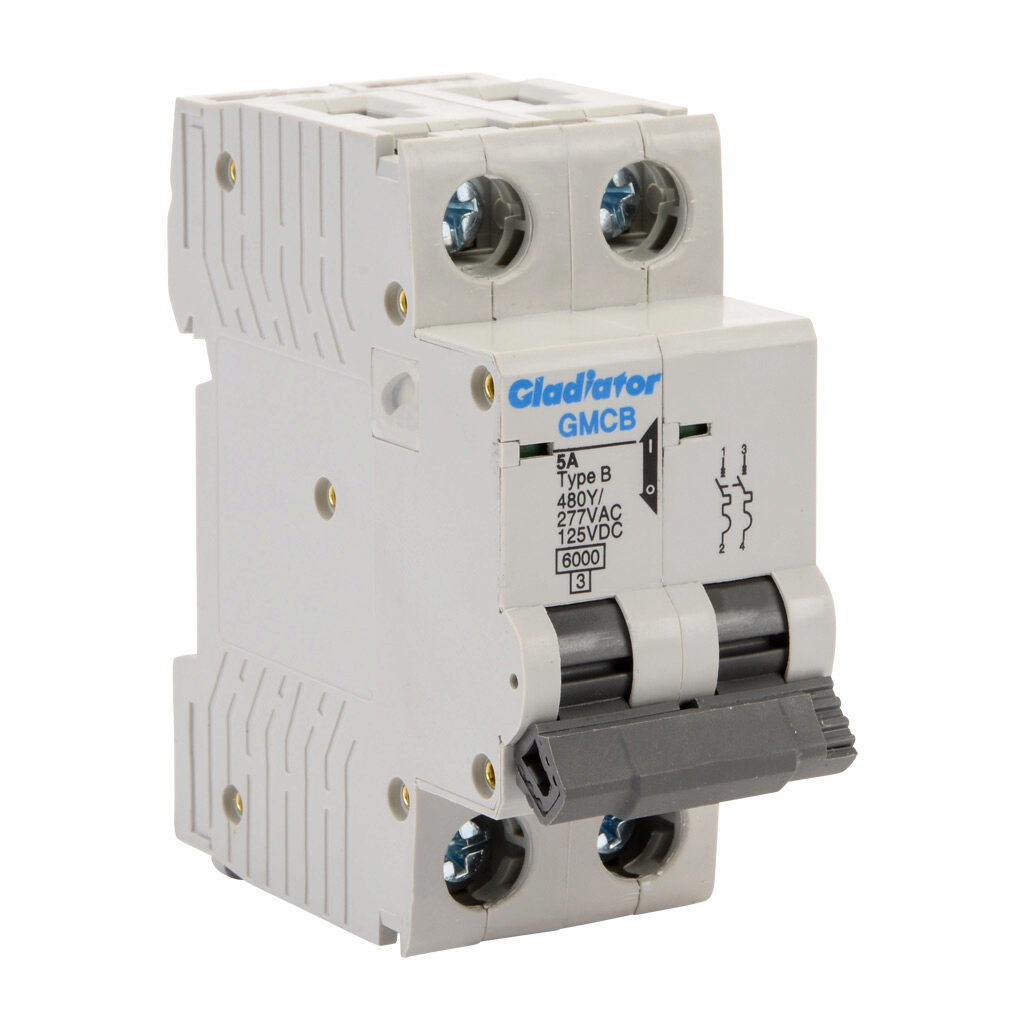 GMCB-2B-5 - Gladiator miniature supplementary protector, 5A, 480Y/277 VAC/125 VDC, 2-pole, B curve, thermal magnetic, 6kA @ 480Y/277 VAC interrupting rating, 35mm DIN rail mount.