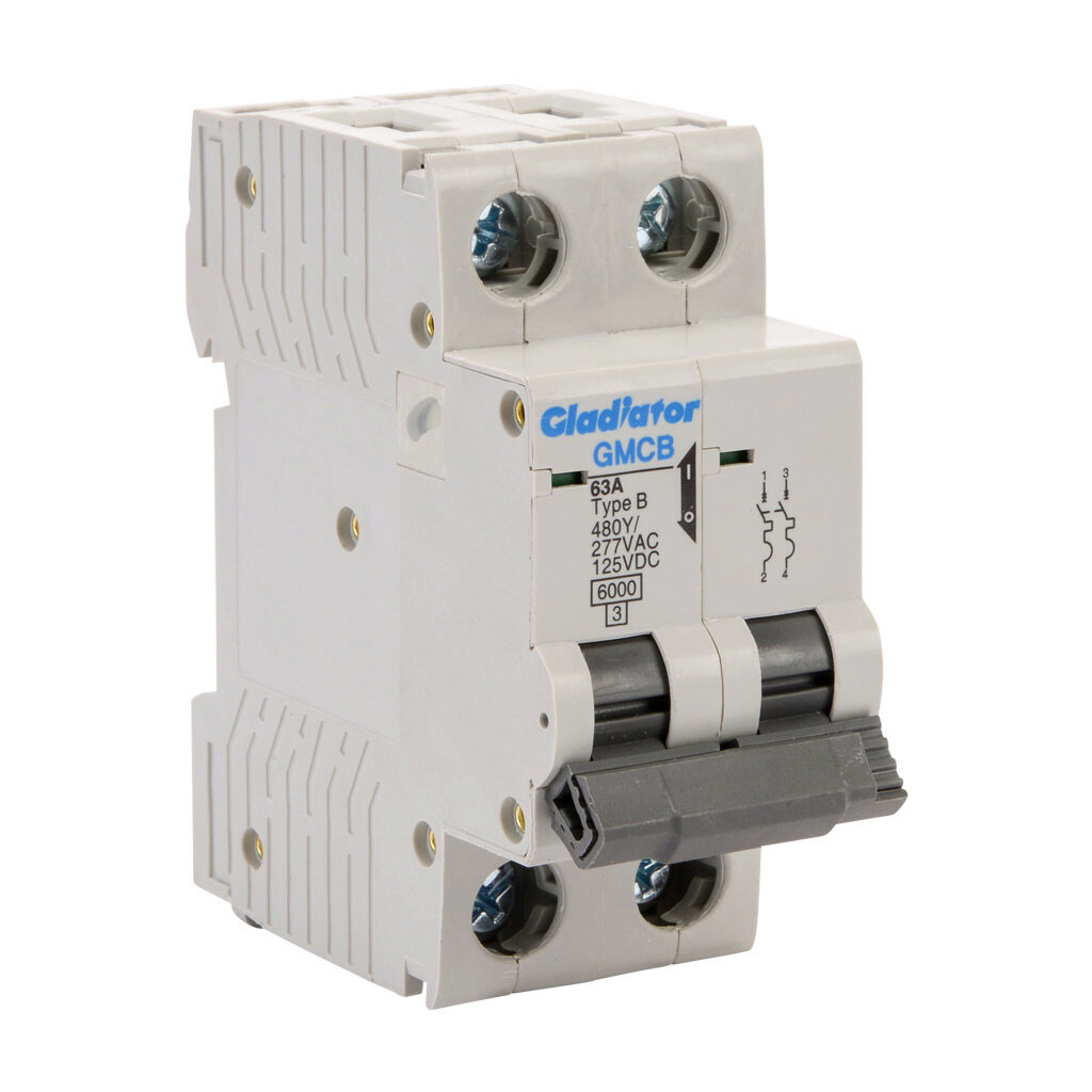 GMCB-2B-63 - Gladiator miniature supplementary protector, 63A, 480Y/277 VAC/125 VDC, 2-pole, B curve, thermal magnetic, 6kA @ 480Y/277 VAC interrupting rating, 35mm DIN rail mount.
