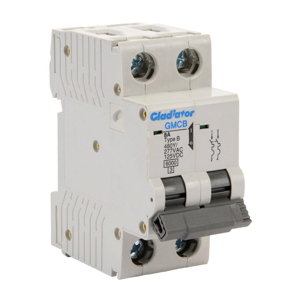 GMCB-2B-8 - Gladiator miniature supplementary protector, 8A, 480Y/277 VAC/125 VDC, 2-pole, B curve, thermal magnetic, 6kA @ 480Y/277 VAC interrupting rating, 35mm DIN rail mount.