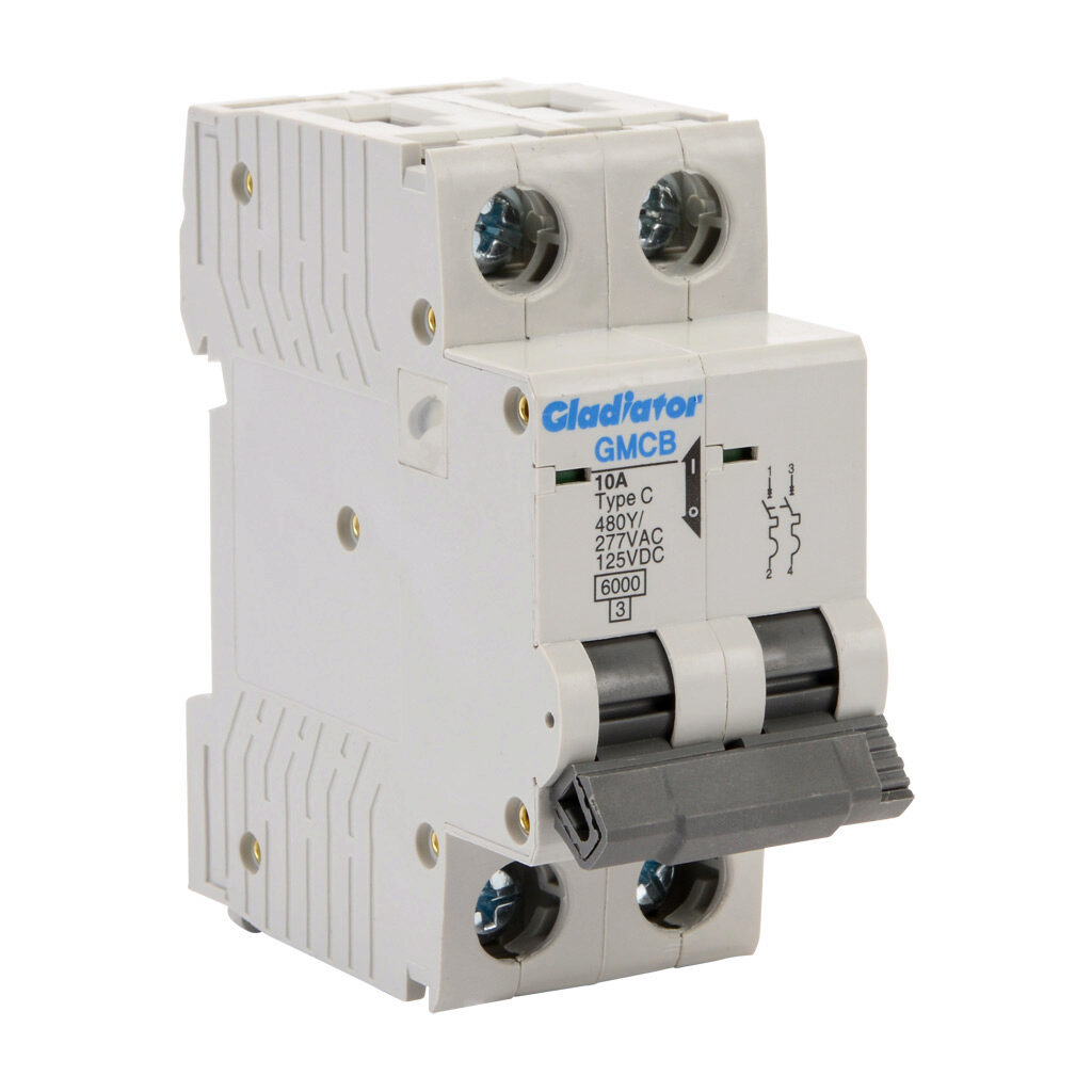 GMCB-2C-10 - Gladiator miniature supplementary protector, 10A, 480Y/277 VAC/125 VDC, 2-pole, C curve, thermal magnetic, 6kA @ 480Y/277 VAC interrupting rating, 35mm DIN rail mount.